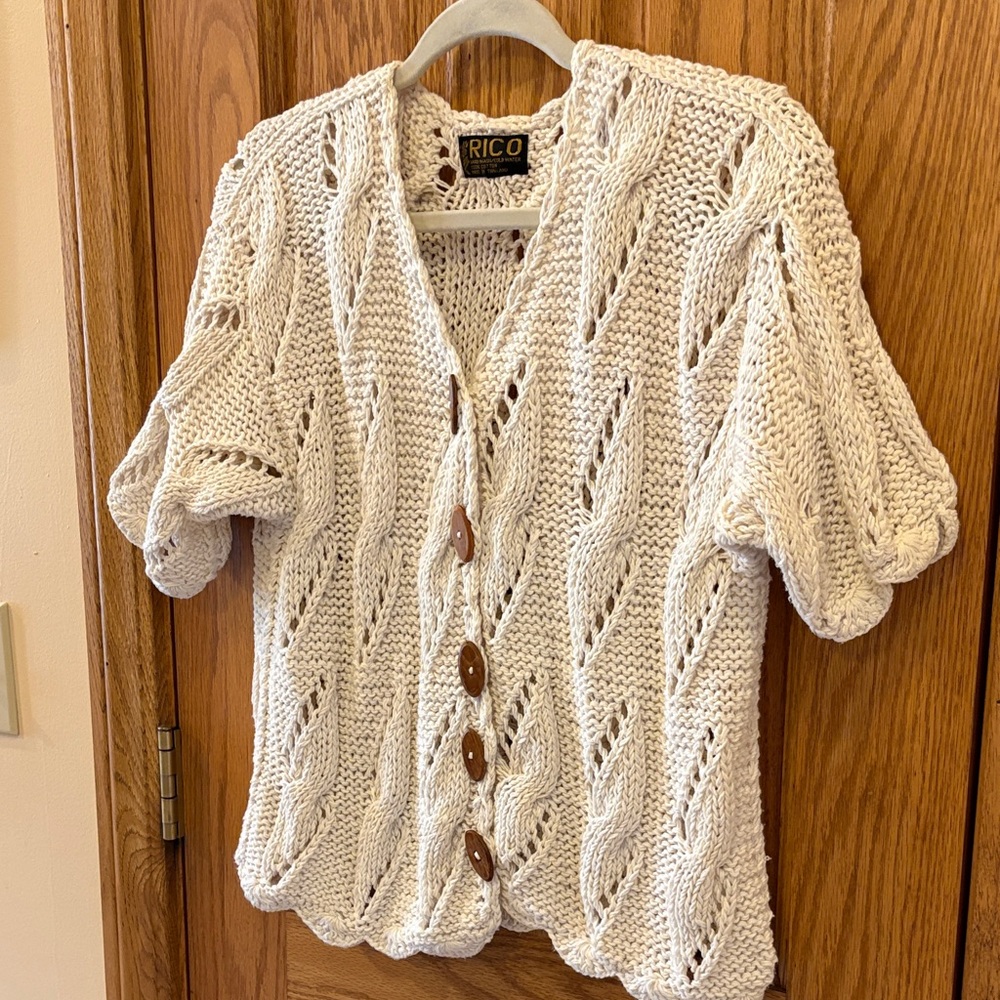 RICO Women's Cream Knit Button-Front Short Sleeve Cardigan - Picture 5 of 6
